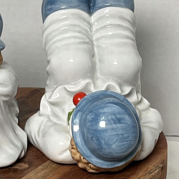 Fitz & Floyd 1979 2 Clown Bookends In Blue Bowler Hats & Shoes with Red Nose - Picture 7 of 11